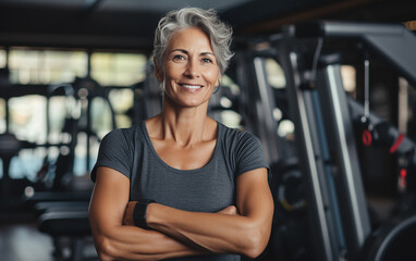Happy nice mature woman in a gym. - obrazy, fototapety, plakaty