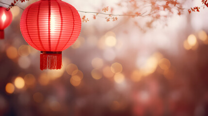 Chinese red lantern for lunar new year celebration against the backdrop of bokeh lights and sparks close-up photo. Banner with copy space. Backdrop for Mid Autumn festival party invitation.