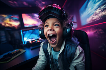 african ethnic child excited playing video games in neon-colored gamming room 