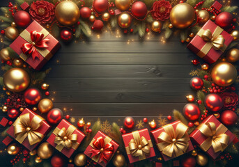 Fototapeta na wymiar Christmas composition with a border of red and gold baubles, pine branches, and gift boxes with golden bows on a dark wooden surface