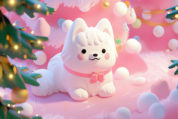 Curly little 3d dog sitting in front of the Christmas tree. Pet and winter holidays. 3d style