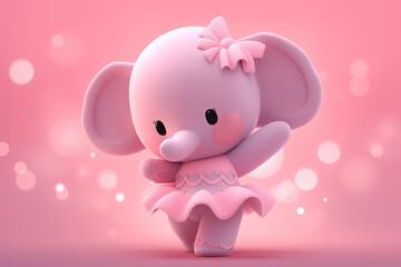 Cute ballet dancer elephant on pastel pink background. 3d illustration style