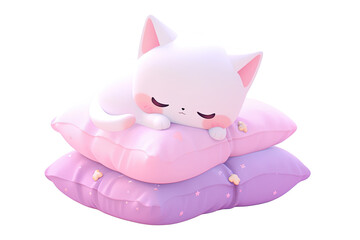 Cute cat lying on the pillow. Adorable kitten sleeping on cosy pet cushion. 3d style illustration isolated