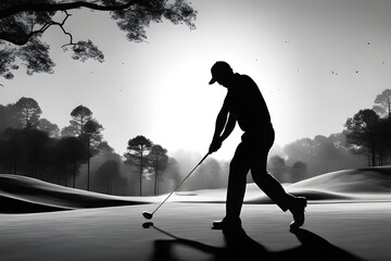 black and white silhouette of a golfer in a perfect swing, illustrating the precision and elegance of golf. AI generated