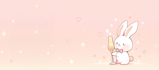 A funny rabbit or hare is holding a glass of champagne. The concept of congratulations, holiday. Hare with a glass. Kawaii art, pink color, copy space