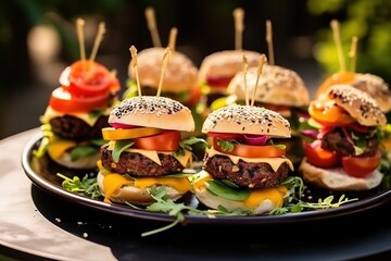 Mini burgers on the plate. Small burgers with meat, salads cheese and tomatoes on plate during summer barbecue party outdoors - Powered by Adobe