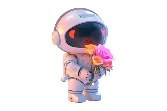 cute 3d astronaut in shiny suit with helmet brings roses for Valentine's Day and Mother's Day. Isolated
