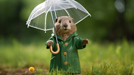 Symbol of Groundhog Day. Anthropomorphic animal portrait holding umbrella wearing raincoat in spring.