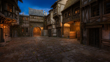 Fantasy medieval village street in the evening. 3D rendering. - obrazy, fototapety, plakaty