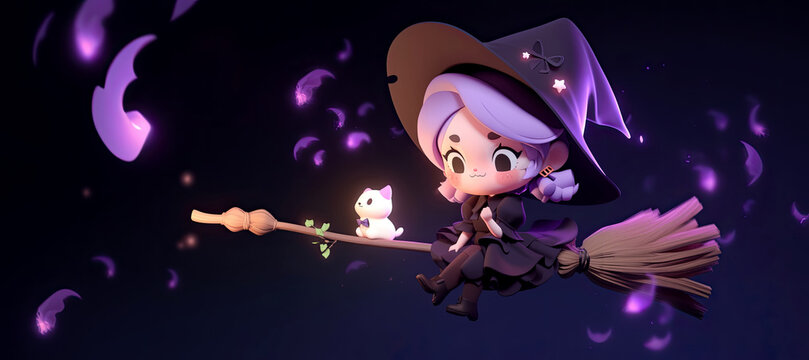 The witch flies on a broom with a ghost cat on purple background. 3d illustration style