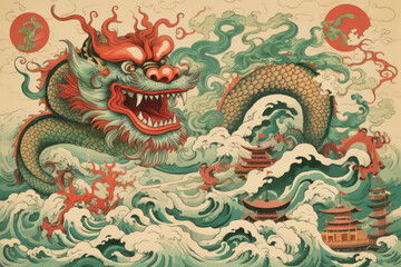 Drawing of a green-red Chinese dragon with an open mouth against the background of the blue sea