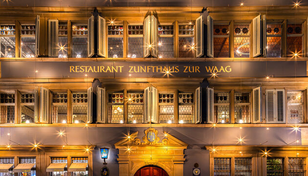Zurich, Switzerland - November 23, 2023: Restaurant Zunfthaus zur Waag at Munsterhof square in Zurich in Christmas time