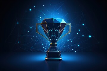 Trophy cup form lines and triangles, point connecting network on blue background. sport cup, champion's cup. Polygon vector wireframe concept  - obrazy, fototapety, plakaty