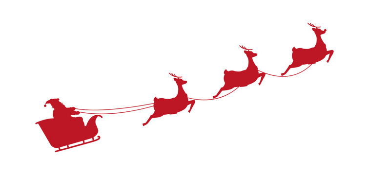 Red silhouette of Santa in a sleigh and reindeer.