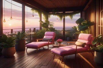 Pink Barbie style balcony terrace with comfortable chaise longues, epic view to sunset. AI generated