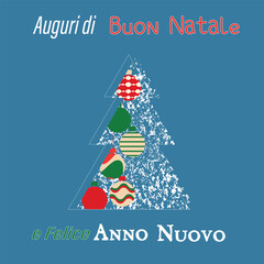 wishing Merry Christmas and Happy New Year in Italian language card. Italy holiday background, layout, poster with patriotic Christmas tree decoration 