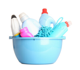 Bowl with cleaning products on white background
