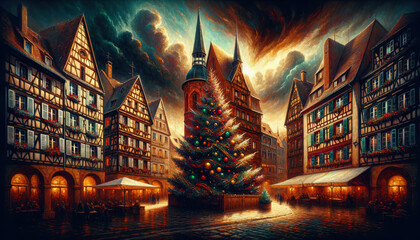 Seasonal Illustration - Christmas Tree in the Town Square, on a Cold Winter Evening