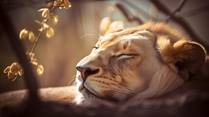 close up portrait of a lion sleeping on blurred abstract bokeh flare grass background