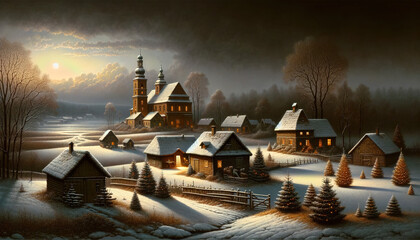 Christmas Seasonal Illustration - Rural Scene on a Cold Winter Night