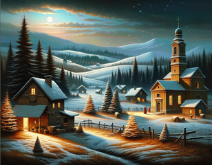 Christmas Seasonal Illustration - Rural Scene on a Cold Winter Night
