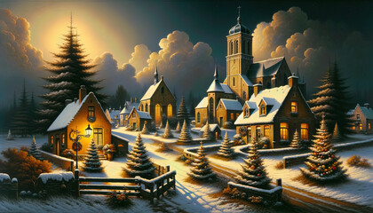 Christmas Seasonal Illustration - Rural Scene in Belgium on a Cold Winter Night