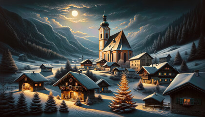 Christmas Seasonal Illustration - Rural Scene in Austria on a Cold Winter Night