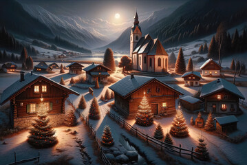 Christmas Seasonal Illustration - Rural Scene in Austria on a Cold Winter Night