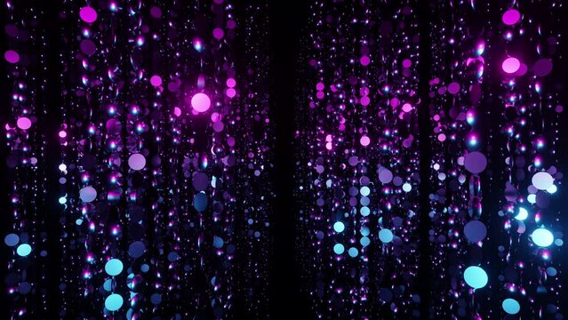 Corridor of sparkling purple and blue particles bokeh or glitter garland vj loop 3d render. Holidays background, spotlight overlay for christmas card, music nightclub, award ceremony, geometric