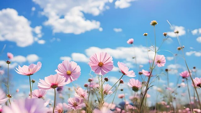 Pink cosmos flower in cosmos field moving in the wind. with blurry background and soft sunlight for horizontal floral poster. Close up flowers blooming on softness style in spring summer under sunrise