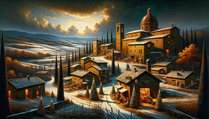 Christmas Seasonal Illustration - Rural Scene in Tuscany on a Cold Winter Night