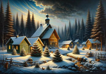 Christmas Seasonal Illustration - Rural Scene in Finland on a Cold Winter Night