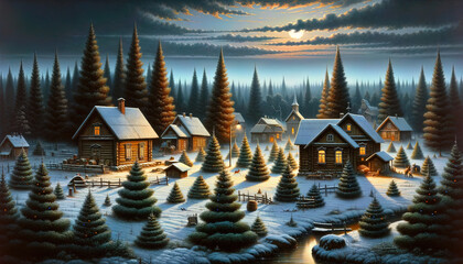Christmas Seasonal Illustration - Rural Scene in Finland on a Cold Winter Night