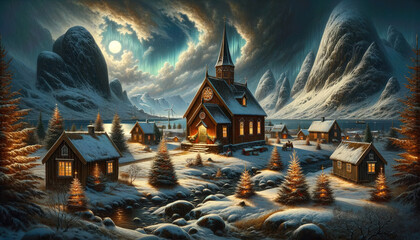Christmas Seasonal Illustration - Rural Scene in the Lofoten Archipelago on a Cold Winter Night