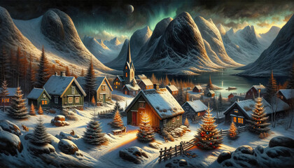 Christmas Seasonal Illustration - Rural Scene in Lofoten on a Cold Winter Night
