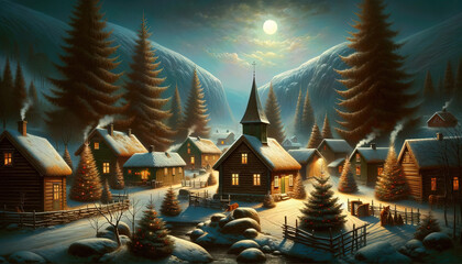 Christmas Seasonal Illustration - Rural Scene in Norway on a Cold Winter Night