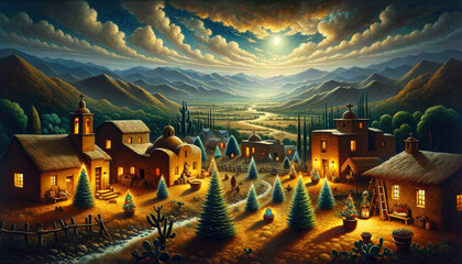 Christmas Seasonal Illustration - Rural Scene in Mexico on a Cold Winter Night