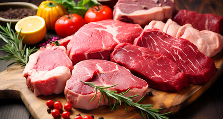 Premium meat selection on display, with herbs and spices for flavoring.