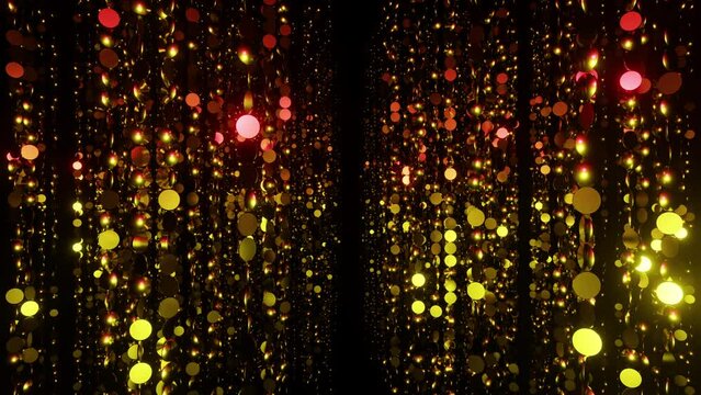 Corridor of sparkling golden and red particles bokeh or glitter garland vj loop 3d render. Holidays background, spotlight overlay for christmas card, music nightclub, award ceremony, geometric