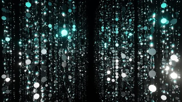Corridor of lightning cyan and white particles bokeh or glitter garland vj loop 3d render. Holidays background, spotlight overlay for christmas card, music nightclub, award ceremony, geometric