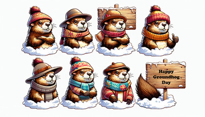 Set of cartoon funny groundhogs in various poses, some holding wooden signs,mockup for greetings Happy Groundhog Day. Perfect for festive designs, greeting card, sticker.