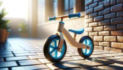 Wooden Balance Bike with Blue Wheels on Brick Pavement in Bright Outdoor Setting - obrazy, fototapety, plakaty