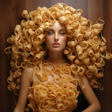 A beautiful girl model, with delicious noodles reminiscent of delicate curls, the whimsical world of culinary fashion, a combination of food and style. Noodle Chic