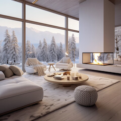 Modern living room with two large white armchairs, a gray crochet pouf and a circular wooden table. a fireplace suspended from the wooden ceiling gives a warm atmosphere