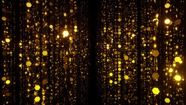 Awards corridor of sparkling golden hexagon particles bokeh or glitter garland vj loop 3d render. Holidays background, spotlight overlay for christmas card, music nightclub, award ceremony, geometric