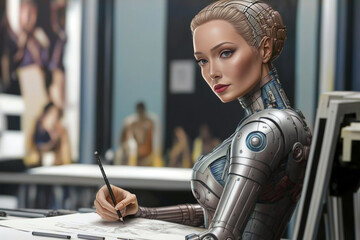 Realistic Female Humanoid Robot Artist Drawing Portrait with Precision, AI ART, Futuristic AI and Creative Technology Concept, Artificial Intelligence, Generative AI