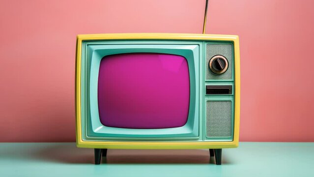 Vintage yellow blue retro TV with purple magenta tap on floor against pink wall. News text. 4K looping animation. Animated video. Green screen to replace image. Concept of television. Generative AI