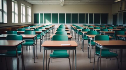 Detailed view of an empty classroom with chairs and tables