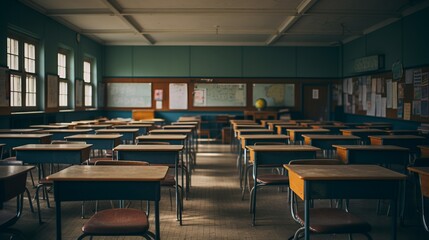 Detailed view of an empty classroom with chairs and tables
