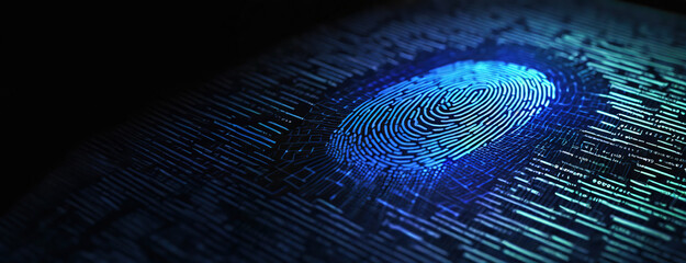 Fingerprint scanning and searching identity check on blue cyber hi-tech background, technology and safety concept. ID scanner of the digits of the matrix. Panorama with copy space.